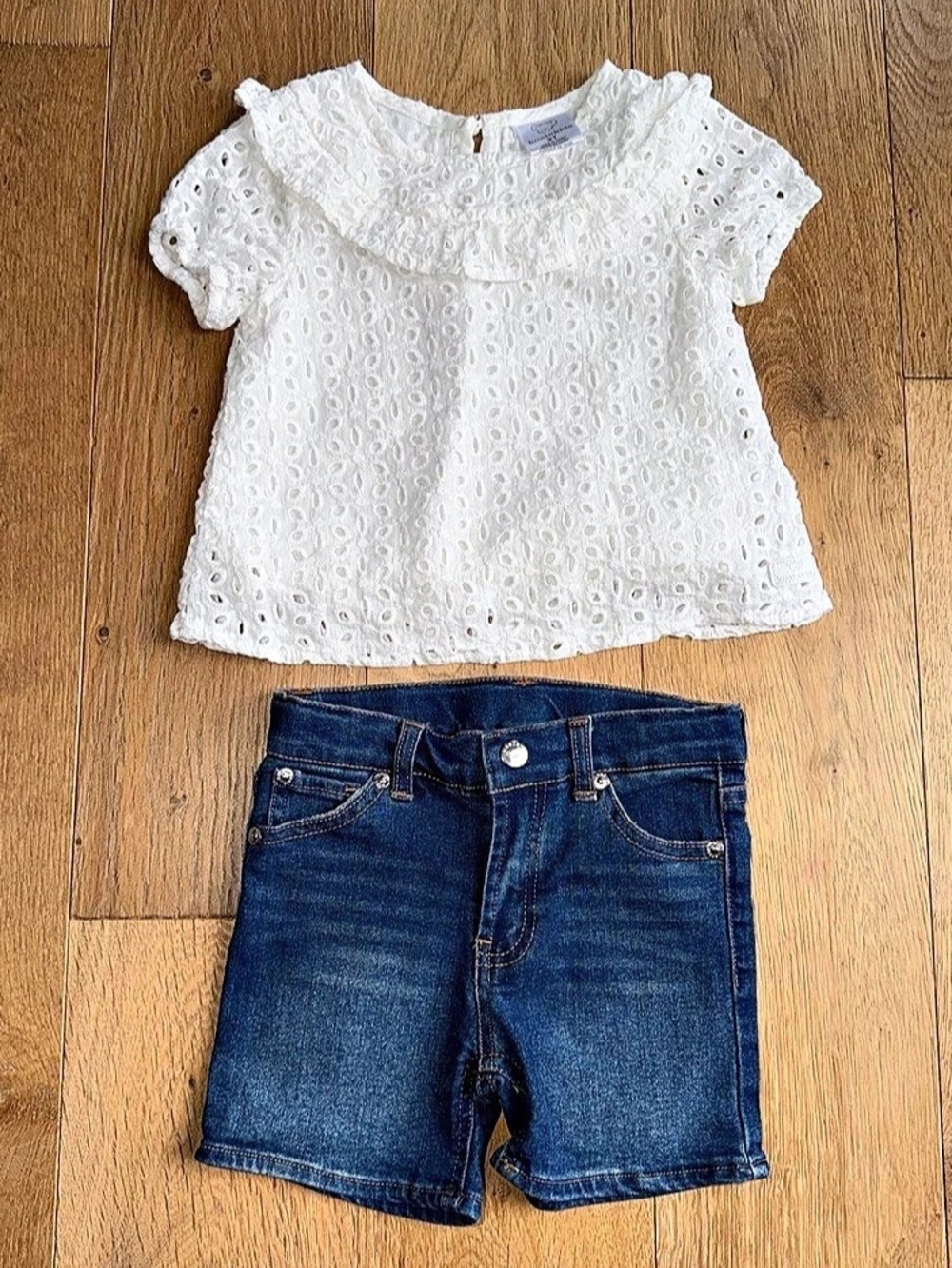 Koala Kids Girls Size 3T 2 Piece Outfit Set White Eyelet Top & Blue Denim Shorts